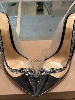 Gianvito Rossi Clear and Black Crystal-Trim Pointed Toe Pumps